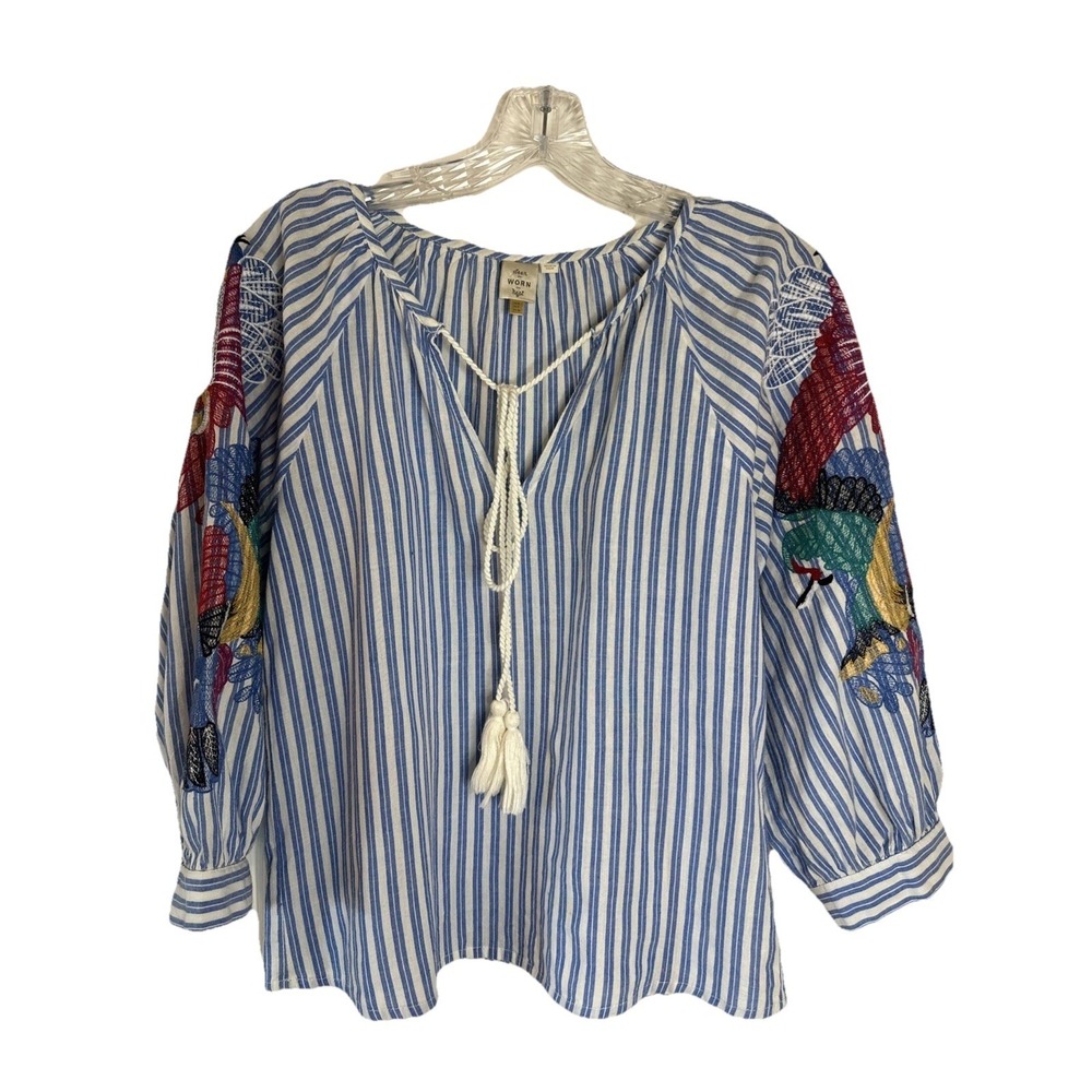 Anthropologie Seen Worn Kept Parrot Embroidered Sleeve Blouse Sz‎ 4 Striped Boho